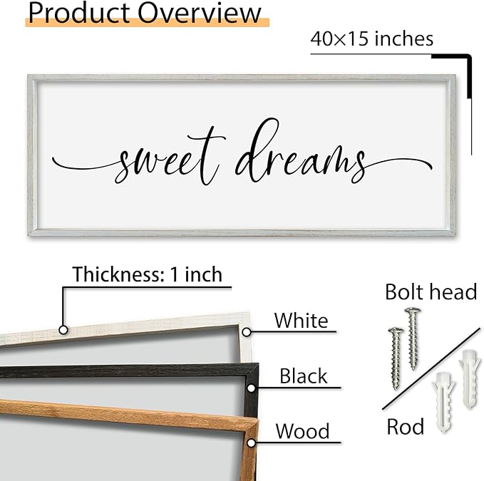 SRSZHIYUE Sweet Dreams Above Bed Wall Decor, 40"x15" Large Rustic Master Bedroom Over Bed Sign Guest Room Couples Wood Framed Farmhouse Horizontal Hanging Decoration (White)-Ruum Studio Home