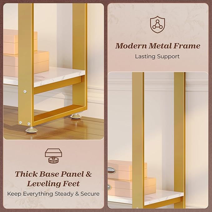 Huuger 47.2 Inch Entryway Table with Marble Top, 2-Tier Modern Console Sofa Table with Storage, Accent Table, for Entry, Hallway, Entrance, Foyer, T-Shaped Metal Frame, White Marble & Gold-Ruum Studio Home