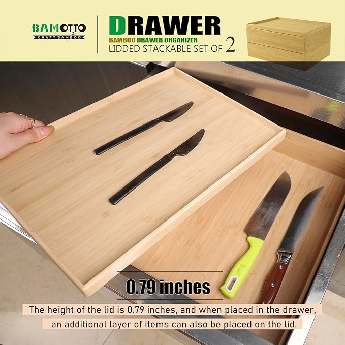 Stackable Bamboo Drawer Organizer Set – 2 Boxes with 1 Lid | Wood-Laminated Trays for Kitchen Utensils, Silverware & Flatware – Fits Cabinets, Pantry, Bathroom & Office | 14.6"x10.2" (2-Pack)-Ruum Studio Home