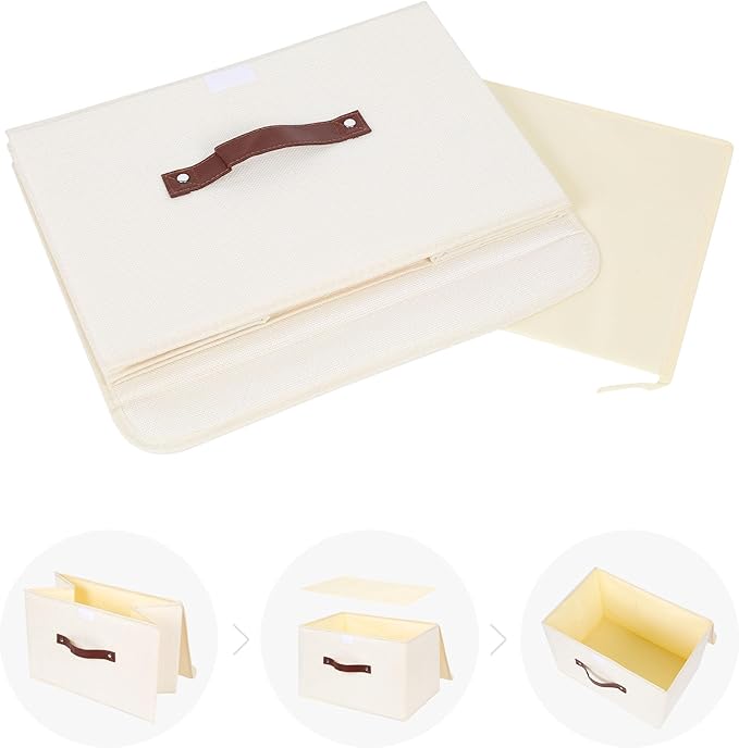 ANMINY 4PCS Storage Bins with Lid PU Leather Handles Storage Boxes PP Plastic Board Decorative Foldable Lidded Cotton Linen Fabric Home Cubes Baskets Closet Organizer Containers - Beige, Large Size-Ruum Studio Home