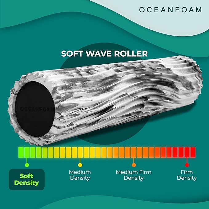 Oceanfoam Soft Tidal Roller (Black Marbled) - Low Density Foam Roller for Physical Therapy, Back Pain, Excercise & Stretching - Wave Textured - Yoga, Athletics, & Wellness - Full Size, 20" x 5"-Ruum Studio Home