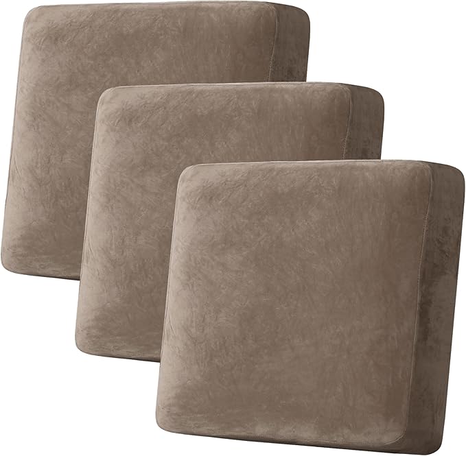 H.VERSAILTEX Velvet Stretch Couch Cushion Cover Plush Cushion Slipcover for Chair Loveseat Sofa Cushion Furniture Protector Seat Cushion Sofa Cover (3 Piece XL Sofa Cushion Covers, Mocha)-Ruum Studio Home