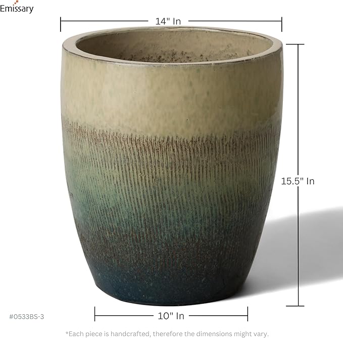 Emissary Home and Garden Bullet 11.5 in. Bayside Green Ceramic Round Planter (11.5 in. L x 11.5 in. W x 14 in. H) with Drainage Hole-Ruum Studio Home