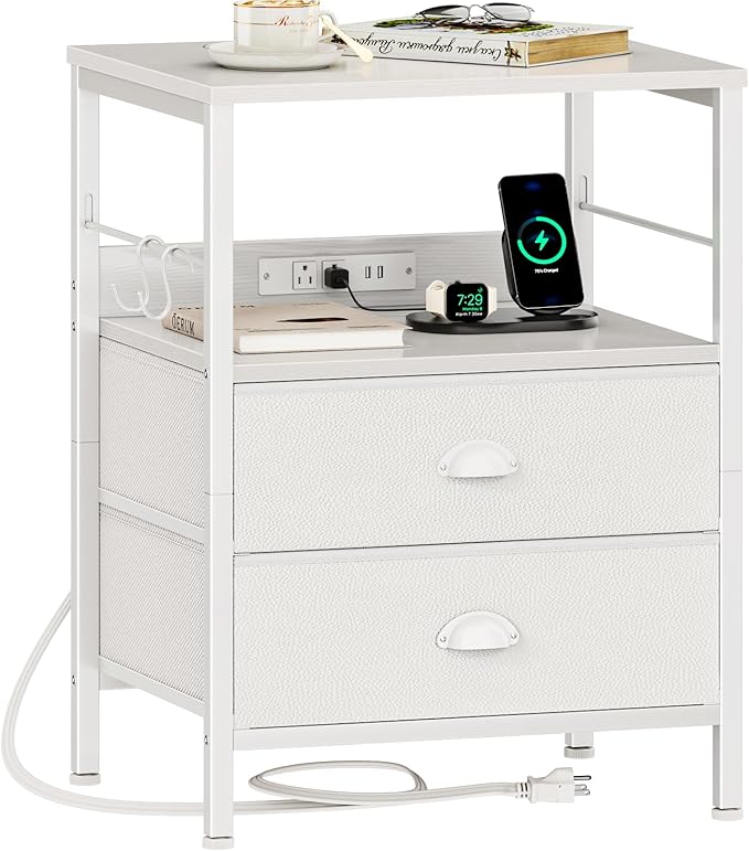 Furologee Night Stand with Charging Station, Bedside Table with Fabric Drawers, End Table with USB Ports & Outlets, White Nightstand with Storage Shelf & Hooks, for Living Room/Bedroom, White-Ruum Studio Home