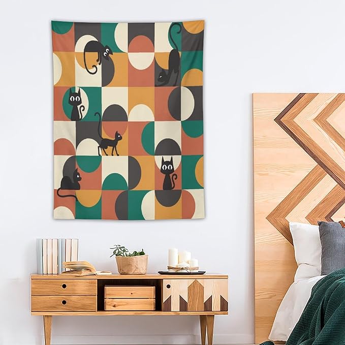 ICMOLYYENLO Boho Medieval Cat Tapestry, Abstract Atomic Starburst Geometric Aesthetic Art Wall Hanging For Bedroom Living Room Dormitory 60x60 Inches-Ruum Studio Home