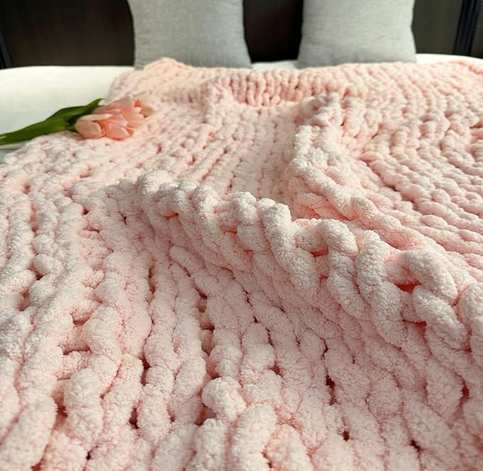 Chunky Knit Blanket Throw 40"x60", Chenille Throw Blankets, Handmade Warm & Cozy Blanket Couch Bed Home Decor, Soft Breathable Fleece Banket, Christmas for Couch Bed Sofa Best Gift (Pink)-Ruum Studio Home