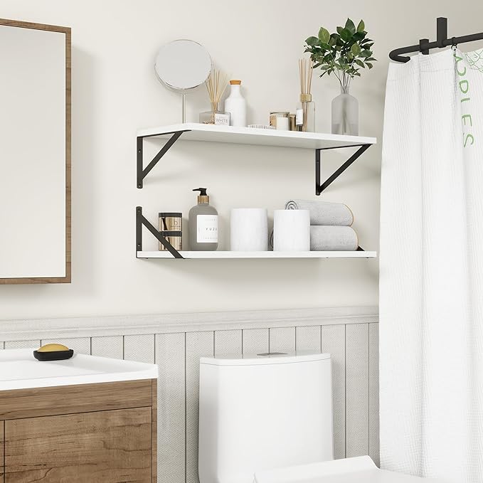 Fun Memories 27.5" W x10 D Floating Shelves, White Wall Shelf with Brackets, 10 Inch Deep Floating Shelf Set of 2, Large Storage Kitchen Living Room Bathroom Shelves, Wood Wall Mounted Shelf-Ruum Studio Home