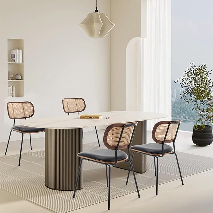 Rattan Dining Chairs Set of 4, Mid Century Modern Dining Chairs with Cane Back for Kitchen Dining Room, 19 Inch Faux Leather Black-Ruum Studio Home