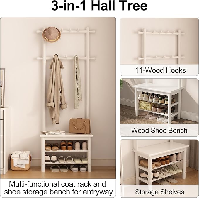 Coat Rack with Shoe Storage, Narrow Wooden Hall Tree with Bench, 11 Hooks and 2-Tier Storage Shelves, 3-in-1, Entryway Bench with Coat Rack (23.6"-Deep White)-Ruum Studio Home