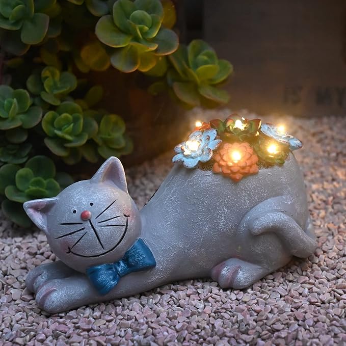 Cat Garden Figurines Outdoor Decor Solar Statue with Succulent and LED Lights for Patio Lawn Yard Art Decoration Housewarming Garden Gift-Ruum Studio Home