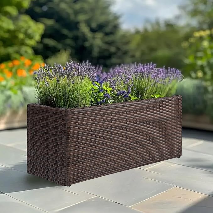 LEWIS&WAYNE Large Rectangular Block Planter Box Handmade Wicker Tall Planters for Outdoor Plants with Removable Liners Modern Planter for Indoor Outdoor Patio Deck - Brown, 36''x12''x16''-Ruum Studio Home