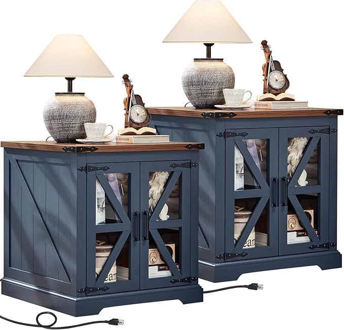 Farmhouse End Table Set of 2 with Charging Station, 24" Large Sofa Side Table with Glass Barn Door, Night Stand with Adjustable Shelf, Wood Nightstand, Square Bed Side Table for Living Room,Bedroom-Ruum Studio Home