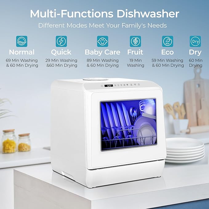 EUHOMY Portable Dishwasher Countertop Dishwasher, Mini Dishwasher Countertop with 5L Built-in Water Tank with 6 Modes, White, Table top dish washer with Baby Care for Apartment & RVs, No Hookup Needed-Ruum Studio Home