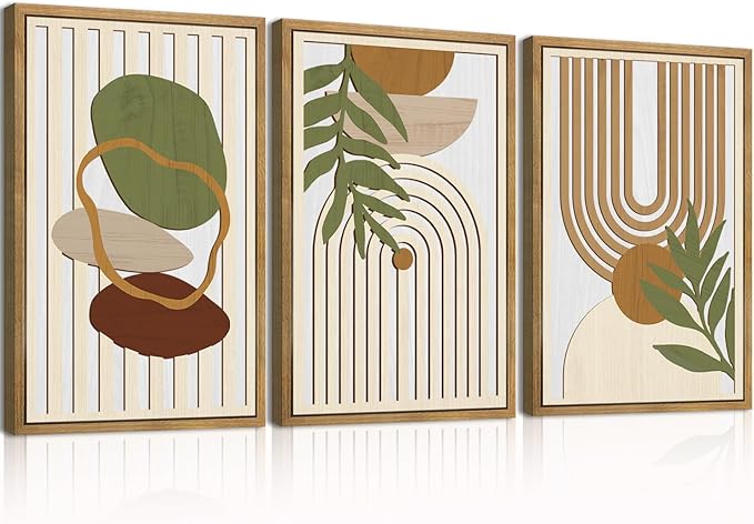 Large Sage Green Boho Wall Art Set Abstract Modern Geometric Wood Wall Decor Mid Century Neutral Artwork Bohemian Art Decor for Living Room Bedroom Office-16x24Inch x3-Ruum Studio Home