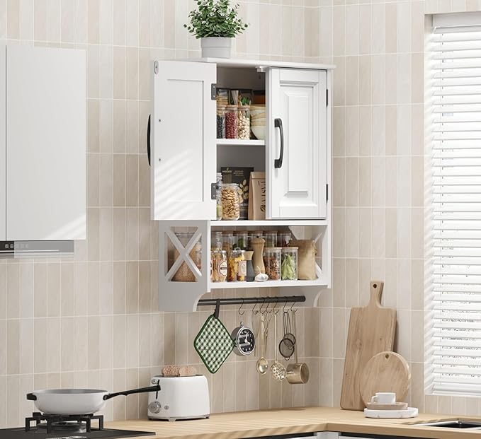 Bathroom Cabinet Wall Mounted, White Bathroom Wall Cabinets with Towel Bar and 2 Doors, Wooden Medicine Cabinet with Adjustable Shelf, Open Storage-Ruum Studio Home