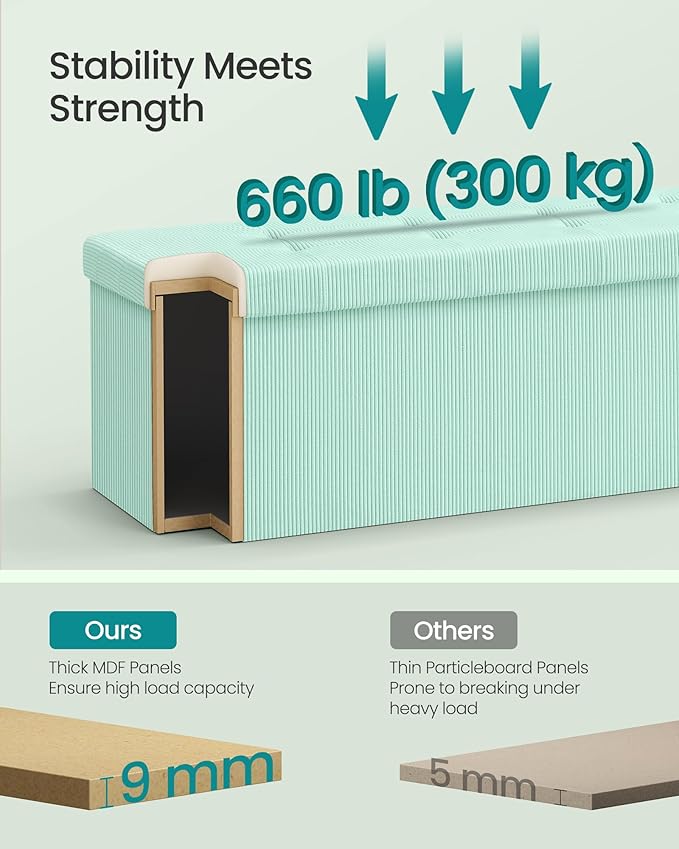 SONGMICS MAZIE Collection - Storage Ottoman Bench, Foldable Foot Rest, 15 x 43 x 15 Inches, End of Bed Bench, Storage Chest, Load 660 lb, Living Room, Bedroom, Entryway, Moonlight Green ULSF604C01-Ruum Studio Home