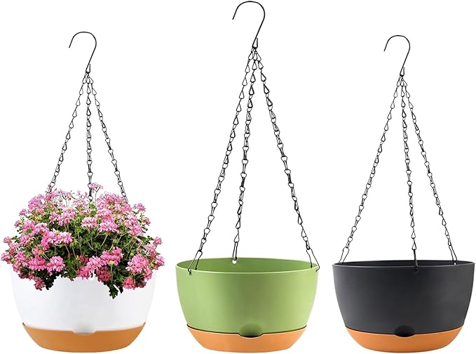 10 inch Hanging Planters for Indoor Outdoor Plants with Self-Watering Pots, 3 Pack Plastic Hanging Basket with Removable Tray for Home Garden Porch Balcony Patio Decor(White+Black+Green)-Ruum Studio Home
