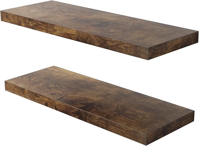 Floating Shelf, Set of 2 Wall Shelf, 24 in W x 12.75 in D x 2 in H Wooden Floating Wall Shelf with Invisible Brackets for Living Room/Bedroom/Bathroom/Kitchen Storage and Decor, Rustic Brown-Ruum Studio Home