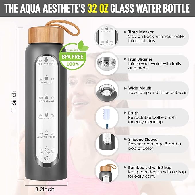 Aqulea Glass Water Bottles with Silicone Sleeve - BPA Free Reusable Wide Mouth Glass Motivational Water Bottles with Fruit Infuser – Leak Proof Borosilicate Water Bottle with Time Marker-Ruum Studio Home