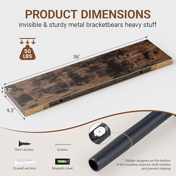 Floating Shelves for Wall 36 Inches Long,9.3" Deep Rustic Brown Floating Shelf Set of 2,Wall Mounted Shelves for Bathroom Bedroom Living Room Kitchen Office,Shelf for Books Storage,Home Decor-Ruum Studio Home