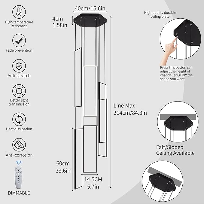 Modern Led Chandelier - Adjustable Black Lighting Fixture for High Ceiling, Suitable for Living Room, Staircase, Villa-Ruum Studio Home