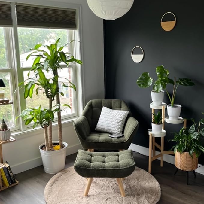Green Sherpa Accent Chair with Ottoman ，Modern Reading Chair with Ottoman Set, Comfy Fuzzy Armchair Living Room Chair Lounge Chair with Wood Legs for Small Spaces Bedroom Apartment-Ruum Studio Home