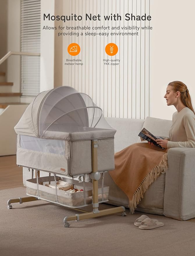 Baby Bassinet Bedside Sleeper, besrey Bedside Bassinet for Newborn Infant with Comfy Mattress, 9 Height Positions, Adjustable Bedside Crib with 360° Swivel Wheels Bassinet for Baby with Storage Basket-Ruum Studio Home