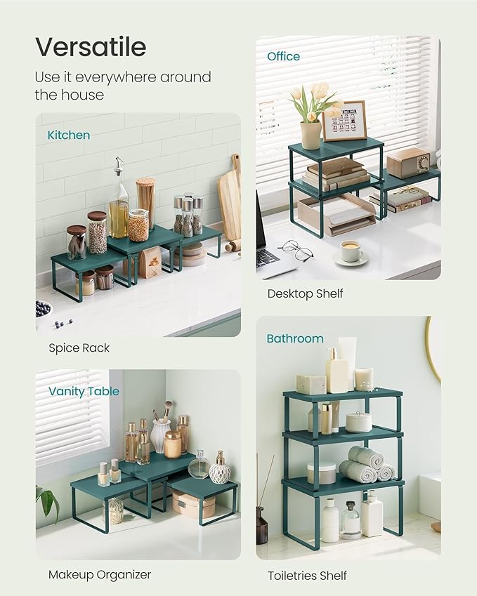 SONGMICS Cabinet Organizer Shelf, Set of 3 Kitchen Counter Shelves, Kitchen Storage, Spice Rack, Stackable, Expandable, Cascade Green UKCS220C01V1-Ruum Studio Home