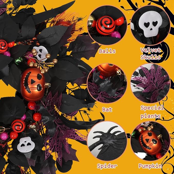24" Glitter Halloween Wreath Outdoor - Sparkly Balls, Skulls, Bat, Skeleton, Pumpkin on Black Twig | Front Door Outside Goth Decor for Spooky Night-Ruum Studio Home