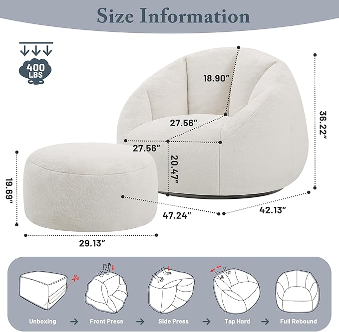 Giant Bean Bag Swivel Chair for Adults - Comfy Plush Round Shell Soft Accent Chaise Lounge Indoor Chair, Oversized Cozy Floor Sofa for Living Room, Bedroom & Game Rooms, Beige-Ruum Studio Home