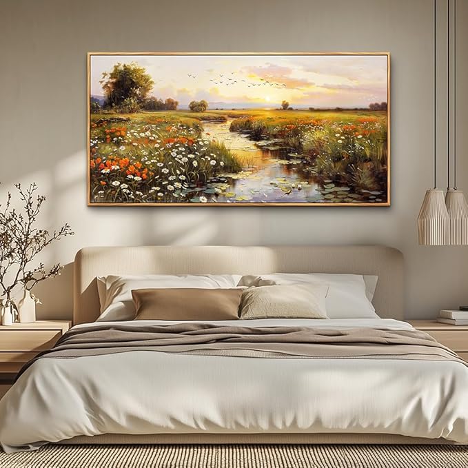 PHAOHUAXM Large Canvas Wall Art For Living Room Wall Decor For Bedroom Watercolour Painting Office Decoration Countryside Sunrise Scenery Wall Picture Home Decor Ready To Hang 30x60 In Wood Framed-Ruum Studio Home