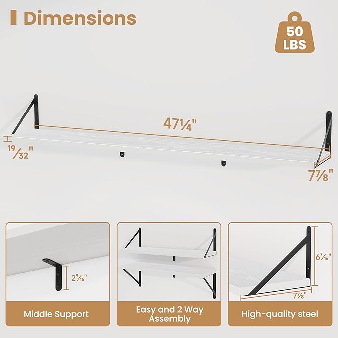 Heimlove 48 Inch Large Floating Bookshelves Set of 3,White Wall Mounted Bookshelves,Heavy Duty Wooden Shelves for Living Room,Bedroom,Kitchen,Laundry Room Storage & Decor-Ruum Studio Home