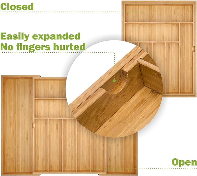 BAMEOS drawer organizer flatware organizer cutlery tray silverware organizer expandable adjustable bamboo drawer organizer kitchen bathroom-Ruum Studio Home