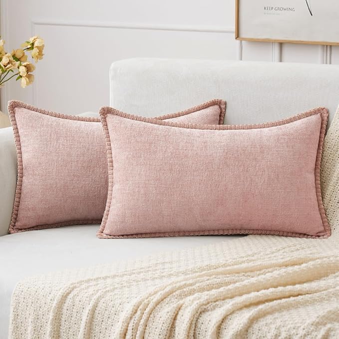 MIULEE Pack of 2 Couch Throw Pillow Covers 12x20 Inch Pink Valentine Farmhouse Decorative Pillow Covers with Stitched Edge Soft Chenille Solid Dyed Spring Pillow Covers for Sofa Bed Living Room-Ruum Studio Home