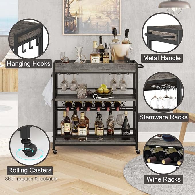 BON AUGURE Bar Cart, Home Bar Serving Cart on Wheels, Mobile 3 Tier Liquor Beverage Carts with Wine Rack and Glass Holder (Grey Oak)-Ruum Studio Home