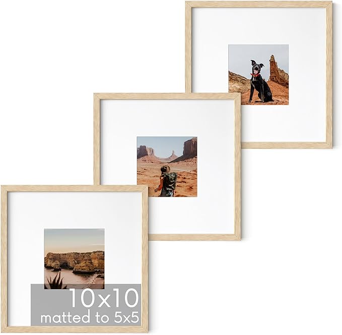 HAUS AND HUES Solid Oak Wood 10”x10” Picture Frames Matted to 5”x5” Set of 3 - Minimalist 10x10 Frame Set, 10x10 Picture Frames, 3 Picture Frame Set for Posters (Beige Oak Frames)-Ruum Studio Home