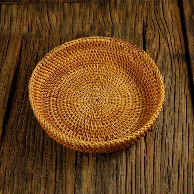 Hadewoven Round Rattan Fruit Basket Wicker Food Tray Weaving Storage Holder Dinning Room Bowl, 7”Decorative Natural Basket Woven Fruit Basket Bowl for Entryway Table, Countertop (Small 7”)-Ruum Studio Home