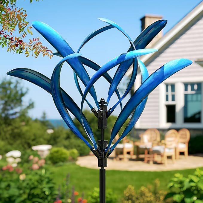 LimeHill Wind Spinner for Yard and Garden - Large Metal Kinetic Wind Sculptures for Outdoor Decorations (Blue Magnolia)-Ruum Studio Home