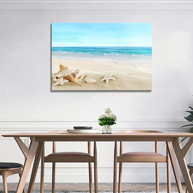 DZL Art S73981 Beach Picture Decor Ocean Painting Canvas Wall Art Prints of Starfish and Seashell on Sandy Seaside Ready to Hang for Living Room Bedroom Office Wall Decor Home Decoration-Ruum Studio Home
