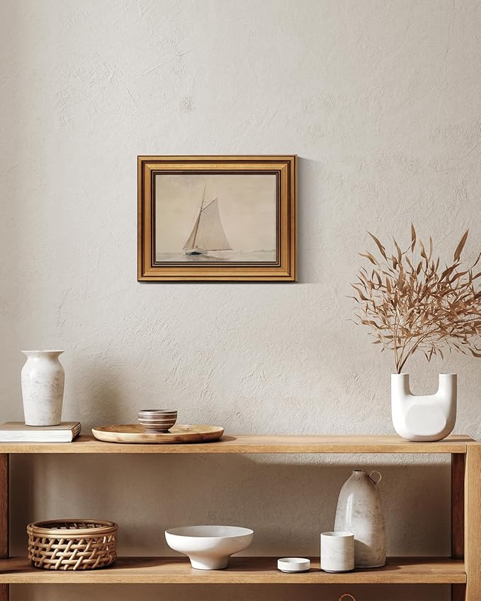 Gold Framed Vintage Wall Art for Living Room, Seaview Painting Prints Shelf Decor for Kitchen, Aesthetic Bedroom Wall Art, Christmas Gifts for Friends or Family (White Sailboat - 8"x10")-Ruum Studio Home