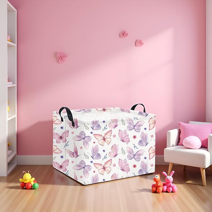 HIYAGON Rectangular Pink Basket for Girls Kids Baby Storage Basket Toy Storage Bin Organizer Box Room Decor(Watercolor Butterfly)-Ruum Studio Home