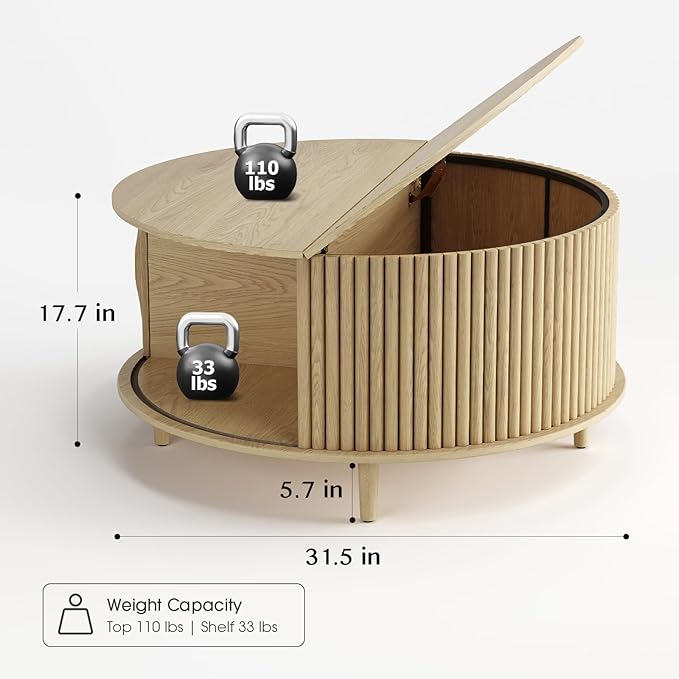 Round Coffee Table with Storage,Mid Century Modern Dining Table with Sliding Cabinet Door for Living Room,Home Small Space,31.5" Small Center Table,Oak-Ruum Studio Home