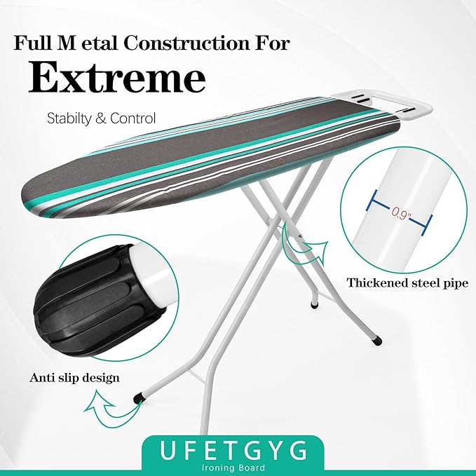 Ironing Board,Full Metal Construction| Height Adjustable, 43" X 13" W/with Iron Rest Heat & Scorch Resistant Fabric, Anti-Skid Feet, Heavy Duty| Easy to Fold-Ruum Studio Home