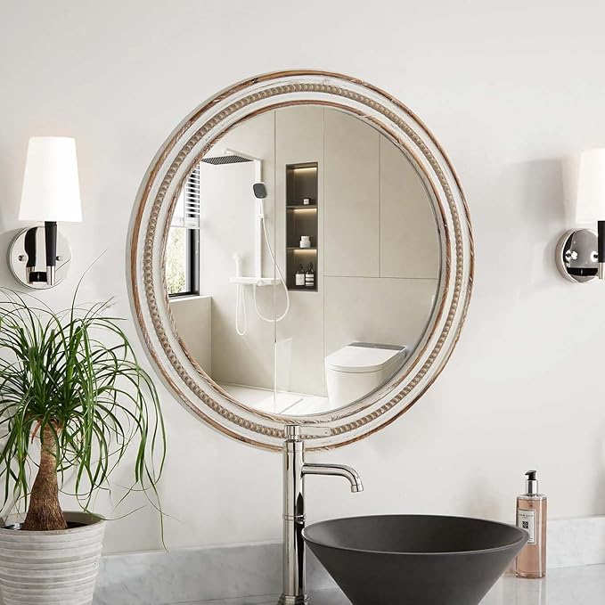 24 Inch Round Mirror - Distressed Vintage Farmhouse Mirror for Bathroom Wall, Living Room, Bedroom & Entryway, Handmade Wood Frame-Ruum Studio Home