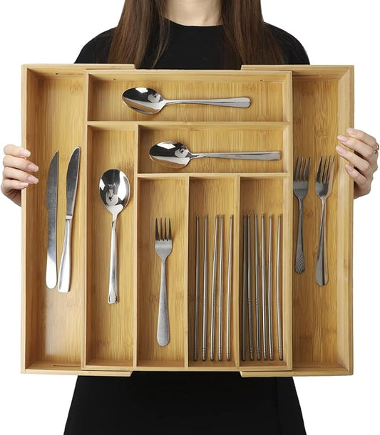 Expandable Bamboo Drawer Organizer – Large 20"x16.9" Size with Adjustable Dividers – for Kitchen Utensils, Knives, Cutlery, Flatware & Silverware Storage Tray-Ruum Studio Home