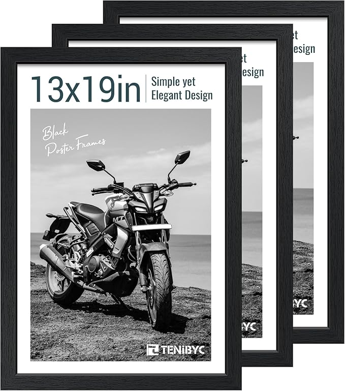 13x19 Picture Frame 3 pk, Textured Black Solid Wood Poster Frame, HD Tempered Glass, Wall Gallery Frame-Ruum Studio Home