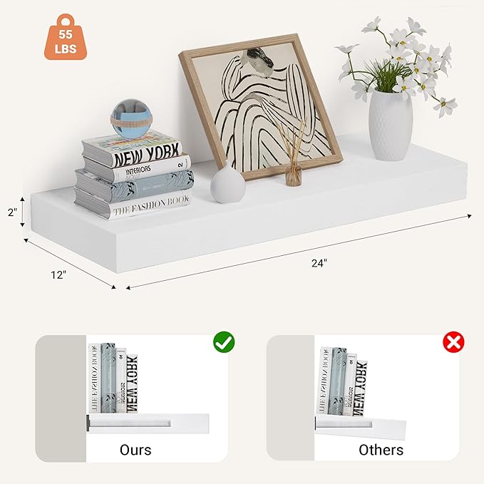 Heimlove 24 x 12 Inch Deep Floating Shelves Wall Mounted with Invisible Brackets,Storage Hanging Shelf for Wall Decor in Bathroom, Bedroom, Toilet, Kitchen, Living Room, Office Set of 1 (White)-Ruum Studio Home