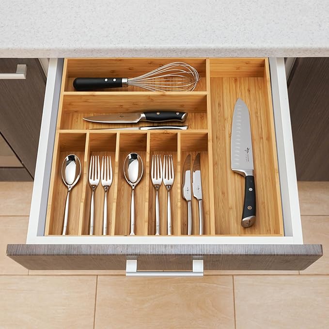 Umilife Large Kitchen Drawer Organizer, 19"x20" Silverware Utensils Organizer, 2.5" High for Large Deep Drawers, Bamboo Flatware Holder with Thick Frames, Sturdy Kitchen Organization Tray-Ruum Studio Home