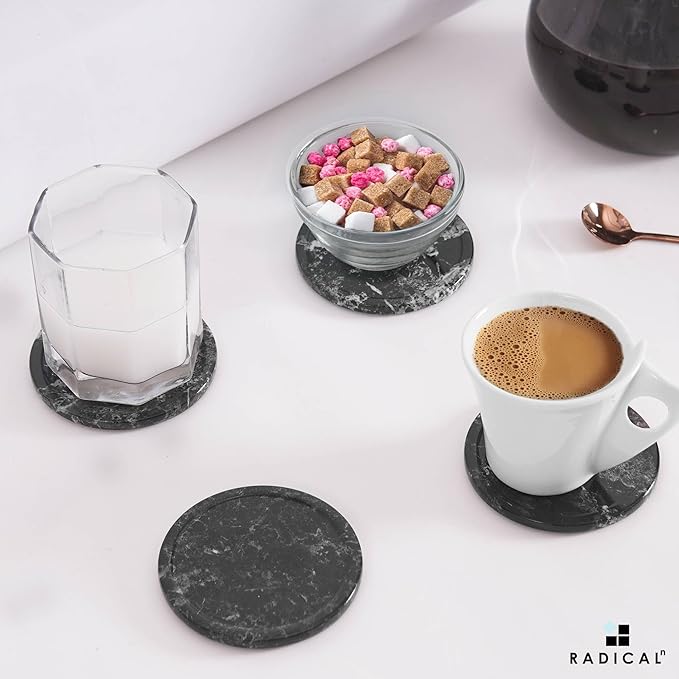 Marble Coasters Set of 6 Black 3.5 Inch Round Coaster for Drinks with Holder, Drink Coaster for Tabletop & Coffee Table Decor, Ideal Home Decor House Warming Gifts-Ruum Studio Home