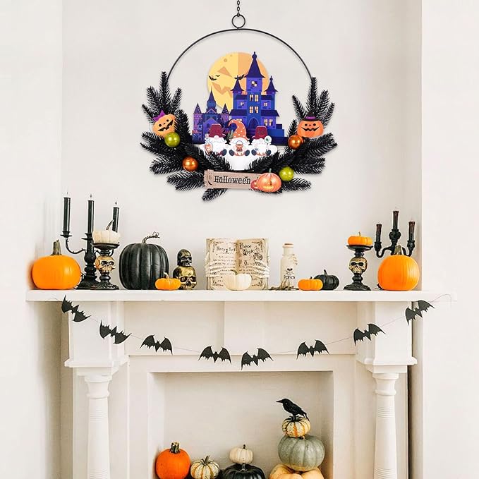 Lighted Halloween Wreaths for Front Door, Welcome Metal Wooden Door Wreath Decor Hanging Sign, 30 LED Lighted Wall Decor Battery Operated for Halloween Indoor Outdoor (Dwarf)-Ruum Studio Home